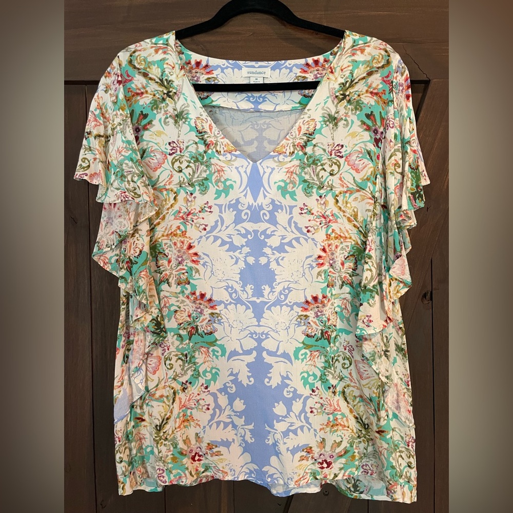 SUNDANCE Flutter Sleeve, Floral Print Top, Size Medium
